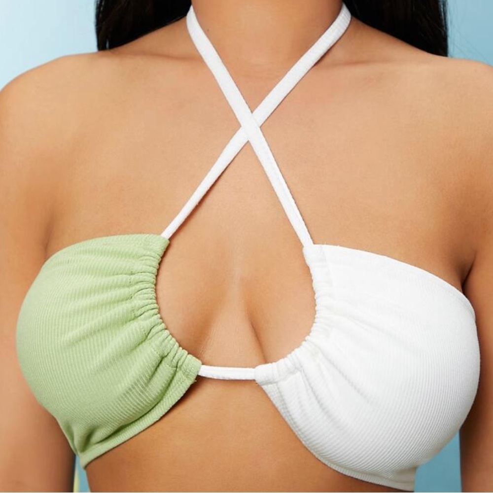 Women’s Tie Crop Top, Green & White Multicolor Top, Summer, Split Color Shirt